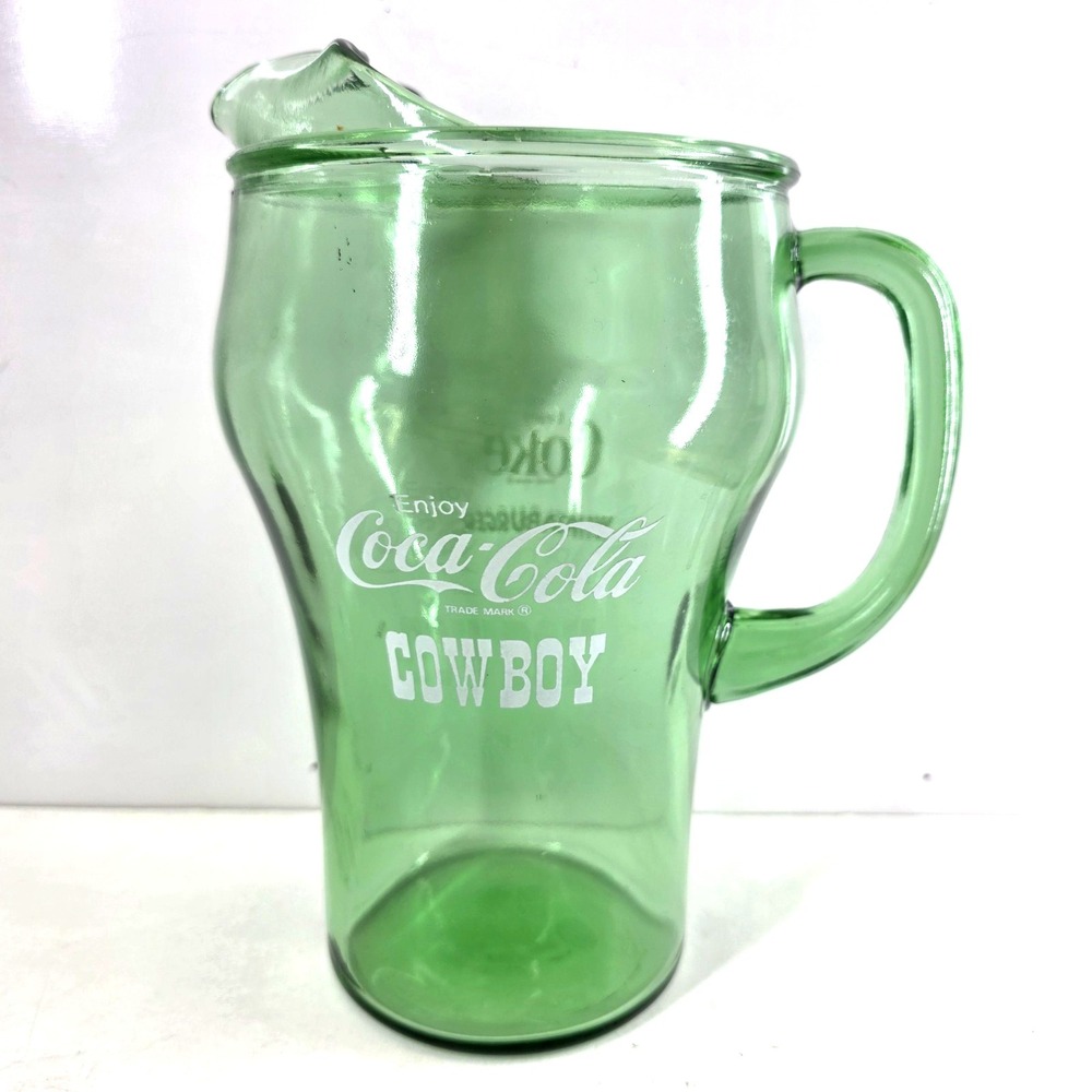 COCA COLA WHATABURGER COWBOY PITCHER GREEN GLASS VINTAGE